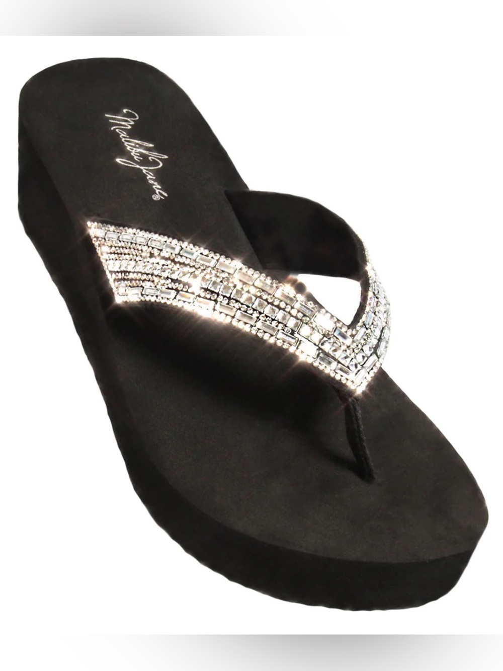 Malibu Jane Black Rhinestone Wedge Flip Flops - Women's